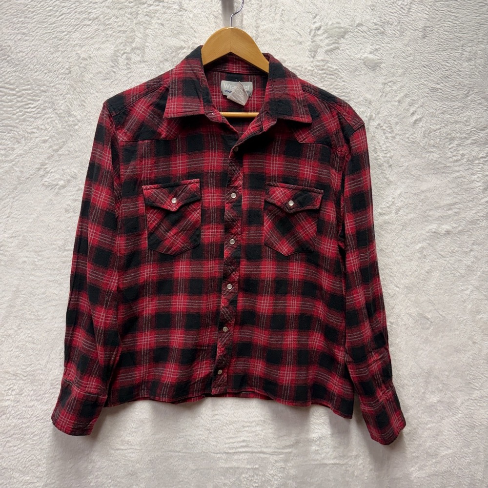 Wrangler Wrancher Flannel Western Shirt Mens L Red Plaid Pearl Snap WTMH59583